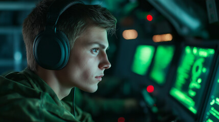 Submarine operator at the sonar station, focused on green radar screens and listening through large headphones 