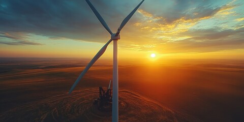 Stunning sunset view over a wind turbine, highlighting renewable energy and nature's beauty in the golden hour.