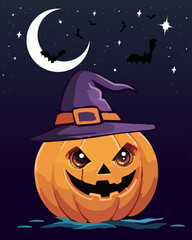 Halloween pumpkin in a hat.Vector illustration for Halloween day with pumpkin in hat, bats on dark background.