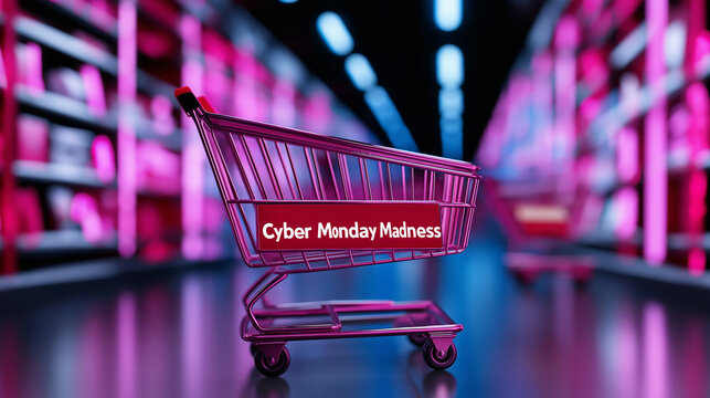 Virtual shopping experience graphic with Cyber Monday Madness text, floating shopping carts, and pop-up discounts 
