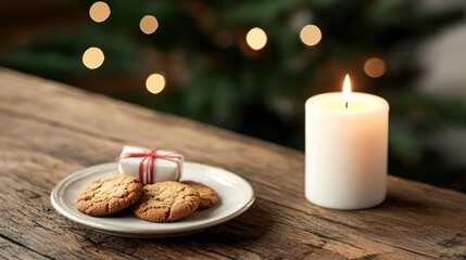 Fototapeta premium Worn wooden table with a single candle, a few small wrapped gifts, and a plate of homemade cookies 
