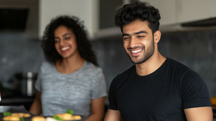 Fototapeta premium Young couple in a kitchen preparing Diwali snacks like samosas and pakoras, laughter and happiness in the air 