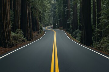Fototapeta premium Highway cuts through a redwood forest, massive trees towering above, captured in 8K, ultra-realistic detail, sharp focus, rich forest hues, serene and majestic environment