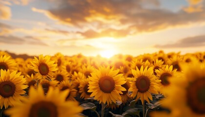 Fototapeta premium Highway winding through sunflower fields, glowing under a warm sunset, ultra-realistic, 8K resolution, vivid flower details, serene landscape, perfect focus, cinematic