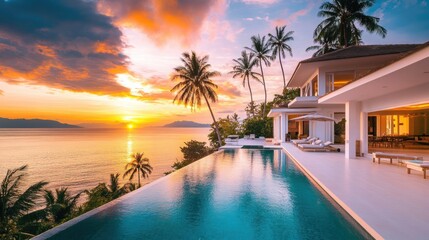 Fototapeta premium Luxury Beachfront Villa with Infinity Pool and Palm Trees Overlooking Ocean Sunset