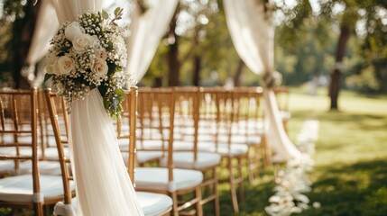 White floral arrangement hanging over rows of golden chairs at an outdoor wedding ceremony.