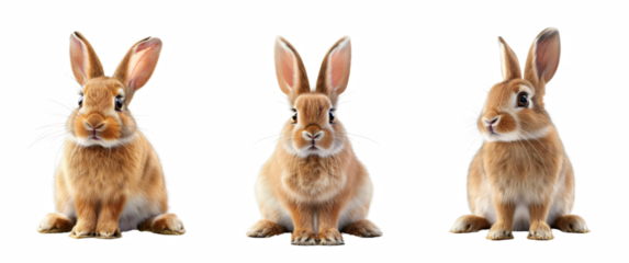 Three rabbits are sitting in a row, each with their ears pointed forward