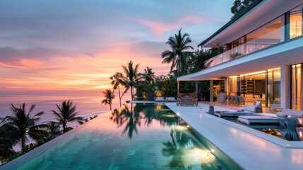 Fototapeta premium Luxury Beachfront Villa with Infinity Pool and Palm Trees Overlooking Ocean Sunset