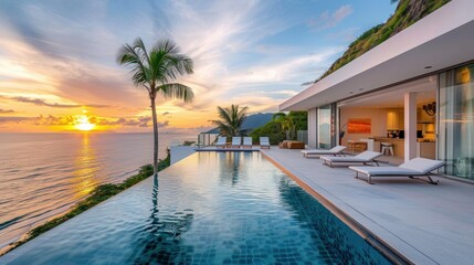 Fototapeta premium Luxury Beachfront Villa with Infinity Pool and Palm Trees Overlooking Ocean Sunset