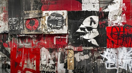 Fototapeta premium Graffiti wall with bold political symbols, strong red