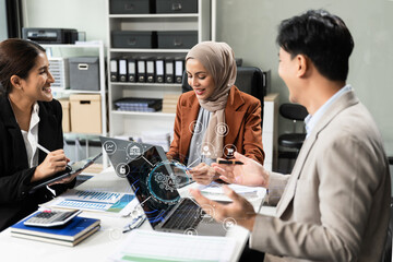Business, technology and office concept - businessmen with laptop, tablet pc computer and papers having discussion in modern office.