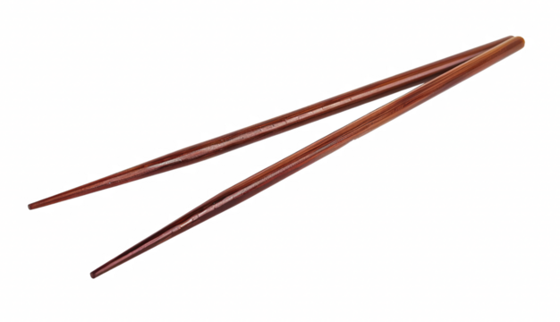 Two wooden chopsticks are shown, one brown and one white