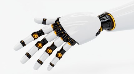A high-tech robotic hand with sleek components and glowing lights, ultra-modern mechanical engineering, 3D visualization, isolated on white background