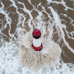 A lighthouse standing tall amidst rising floodwaters, the ocean battering its base