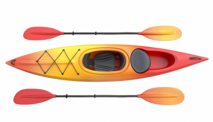 A red and orange kayak with a black paddle