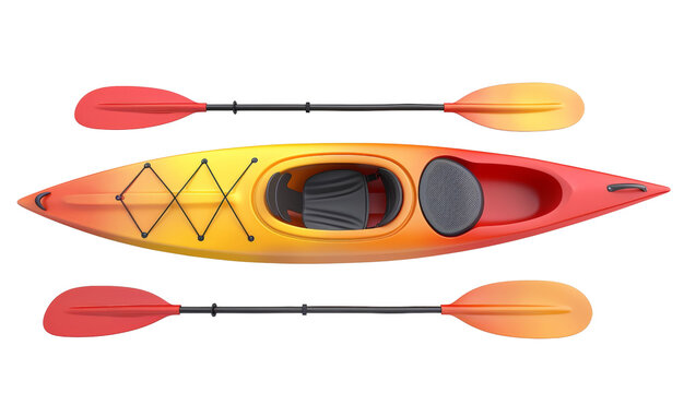 A red and orange kayak with a black paddle