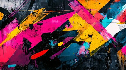 Graffiti wall with digital glitch effects, abstract street art blending with distorted patterns and colors