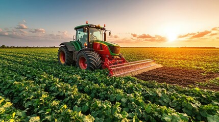 Advanced agricultural vehicle applying fertilizer while weeding soil, precision farming technology at work in vast fields
