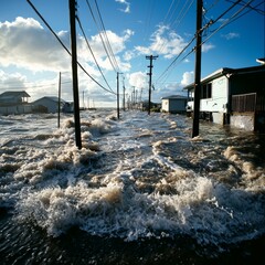 A seaside town devastated by a storm surge, with buildings partially submerged