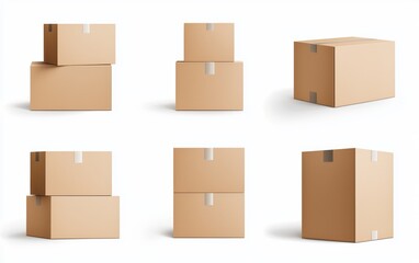 A set of brown cardboard boxes stacked, simple packaging concept, photorealistic style, isolated on white background