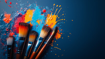 Fototapeta premium Art brushes lying on a blue surface covered in colorful paint splatter