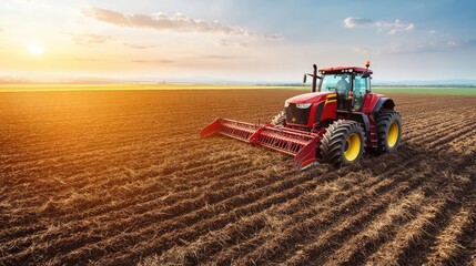 Obraz premium Front-end agricultural equipment clearing brush and leveling soil, preparing fields for cultivation, efficient farming technology