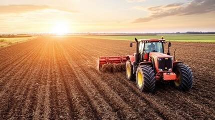 Obraz premium Front-end agricultural equipment clearing brush and leveling soil, preparing fields for cultivation, efficient farming technology