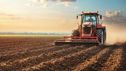 Obraz premium Massive diesel farm machine with automation plowing soil, rugged farming equipment in action, dust rising