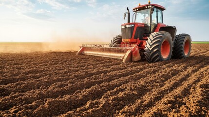 Fototapeta premium Massive diesel farm machine with automation plowing soil, rugged farming equipment in action, dust rising