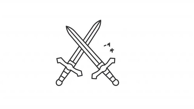 Sword fight line animation. Animated crossed swords icon. Medieval edge weapon. Historical artifacts.Black illustration on white background. HD video with alpha channel. Motion graphic
