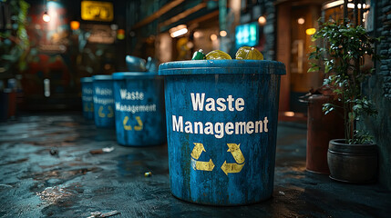 Blue waste management bins with yellow recycle arrows stand in a row on a wet street, emphasizing cleanliness and the importance of recycling in urban areas.
