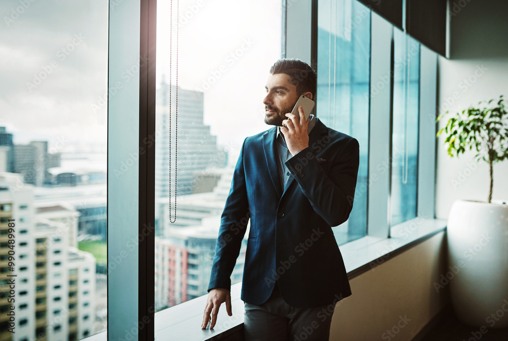 Aufkleber office, thinking and businessman by window for phone call, planning and networking with client for c