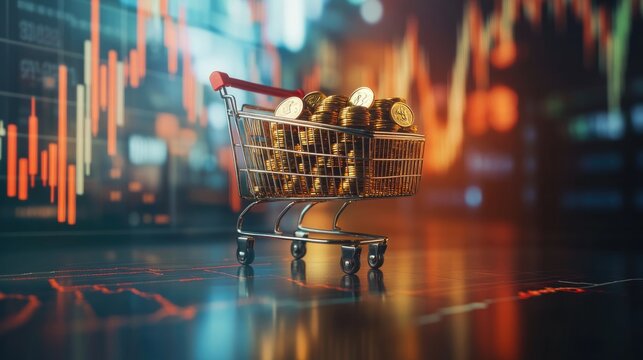 Shopping Cart Full of Gold Coins Against Stock Market Background