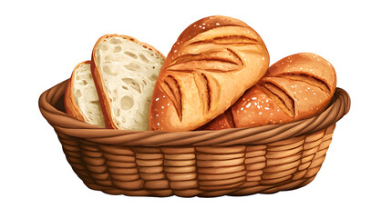 Cartoon illustration of Freshly baked bread loaves in a wicker basket isolated on transparent background