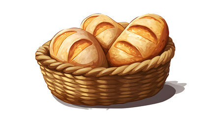 Cartoon illustration of Freshly baked bread loaves in a wicker basket isolated on transparent background