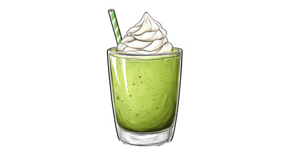Cartoon illustration of Green smoothie with whipped cream in a glass isolated on transparent background