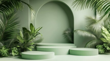 Obraz premium Green podium with palm trees in a green background.
