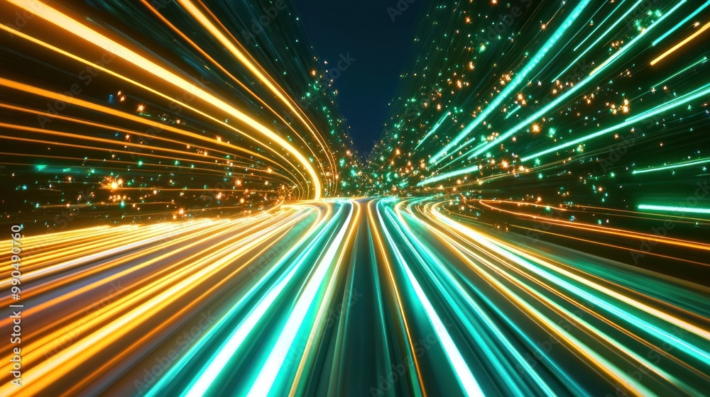 Wall mural abstract background with streaks of yellow and green light in a dark background with a blurred effec
