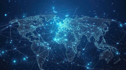 A digital world map with glowing lines and dots depicting connections and networks.