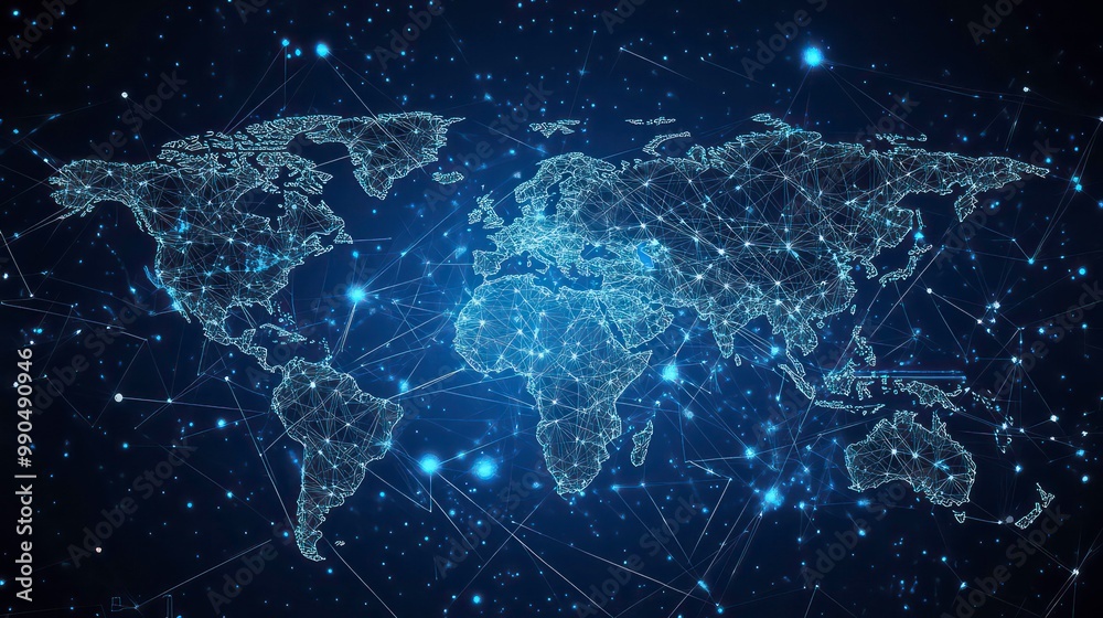 Poster Abstract global network connection map with glowing lights on a dark blue background.