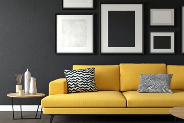 Cozy living room with a yellow sofa, art gallery wall, warm lighting, modern decor, ultra-realistic, 8K resolution, inviting and stylish interior design