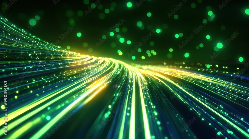 Wall mural abstract background with green and yellow glowing lines and bokeh lights.