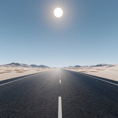 Deserted highway stretches out under the midday sun, captured in 8K resolution with the sun directly overhead The scene is rendered with ultra-realistic detail and perfect focus