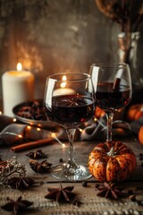 Fototapeta premium Cozy Autumn Tea with Spices and Pumpkins on Rustic Background