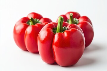 Three vibrant red bell peppers displayed in sharp focus, isolated on a clean white background.