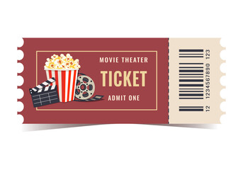 Movie theater ticket isolated on white background. Vector, movie, movie, popcorn, play, party, event, festival ticket realistic template red-white . Ticket icon for website.