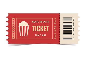 Movie theater ticket isolated on white background. Vector, movie, movie, popcorn, play, party, event, festival ticket realistic template red-white . Ticket icon for website.