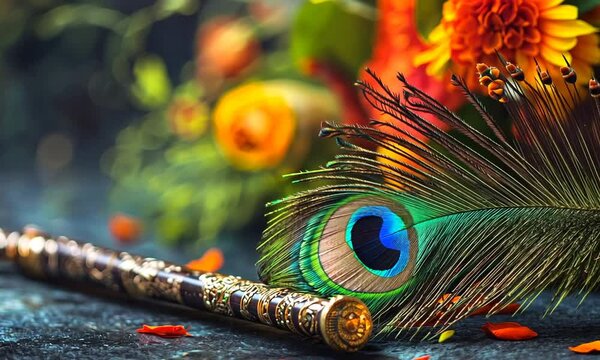 Peacock Feather and Flute with Flowers