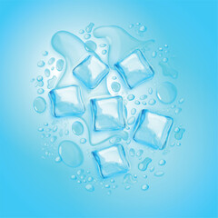 Ice cubes drops background. Iced cube and clear water drop texture closeup, freezer refrigerator concept transparent frosty melt crystal liquid, realistic exact vector illustration