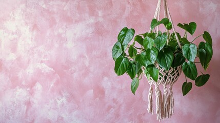 Lush green plant hanging in a macrame planter against a pale pink wall.